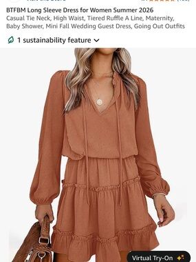 Swiss Dot Tiered Long-Sleeve Dress in Terracotta